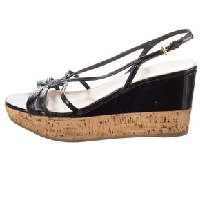 Prada patent leather sling back platform sandals.